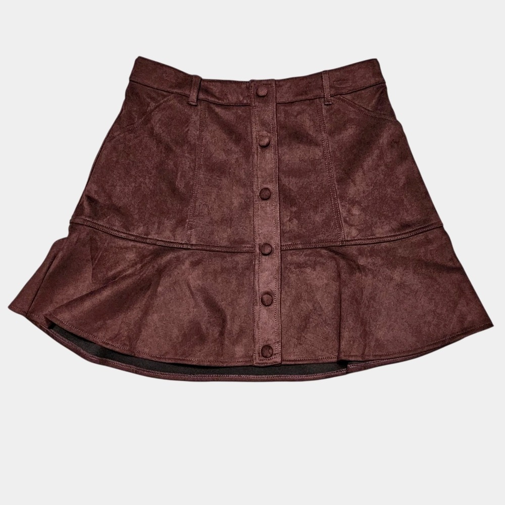 Draper James Mini Skirt Size 12 Faux Suede Button Front A-line Peplum Hem Brown